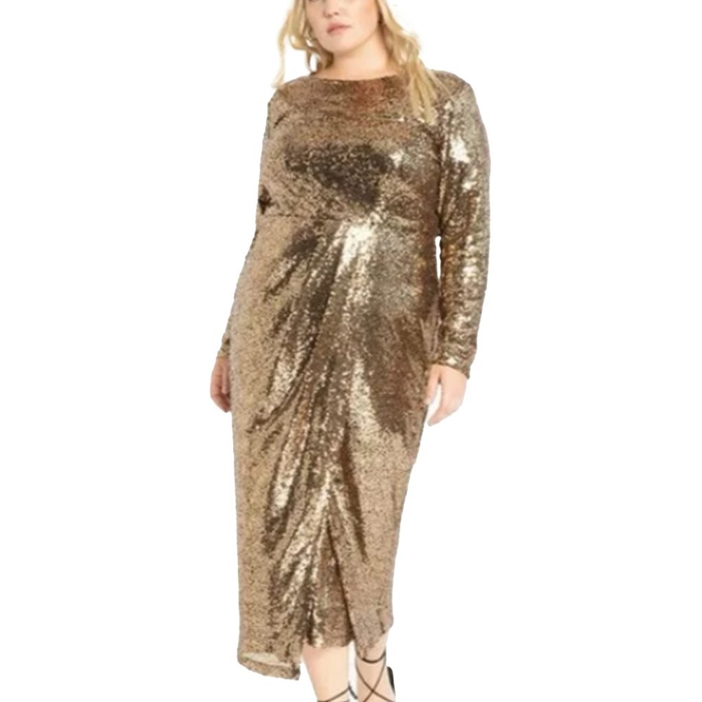 Gold Sequin Long-Sleeve Dress by Eloquii Size 18